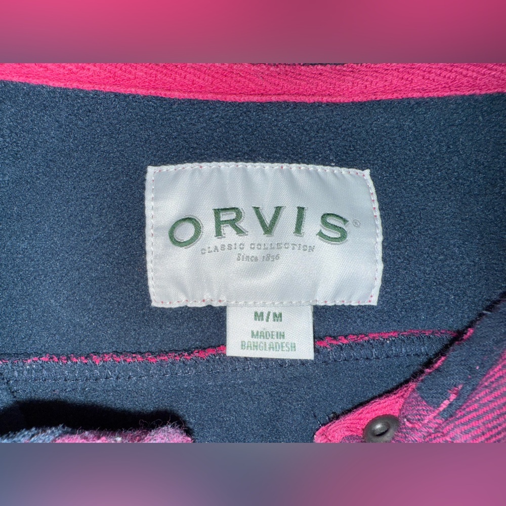 Orvis Pink Navy Buffalo Plaid Flannel Shirt Snap Western Grunge Y2K- Medium - Picture 2 of 9